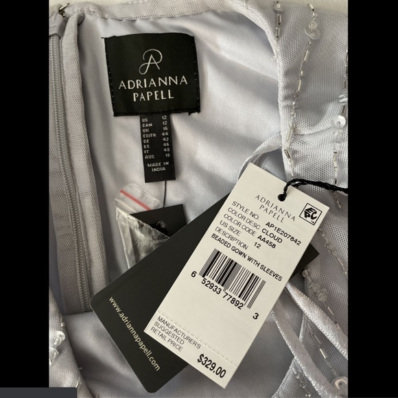 NWT $329 Adrianna Papell Sequin Beaded‎ 3/4 Sleeve Gown in Cloud [SZ 12 ] - Picture 15 of 15